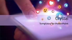  Presentation with quit social media - Presentation theme featuring mobile synchrinization - finger touching phone with social background and a light blue colored foreground