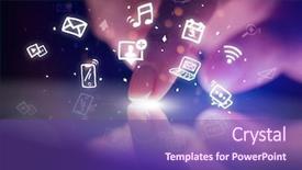  Presentation with mobile application - Presentation theme featuring mobile synchrinization - finger touching tablet with hologram background and a violet colored foreground