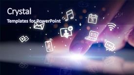  Presentation with hologram - Presentation theme having mobile synchrinization - finger touching tablet with hologram background and a navy blue colored foreground