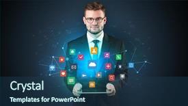  Presentation with mobile application - Colorful slide set enhanced with mobile synchrinization - handsome businessman in suit backdrop and a  colored foreground