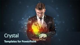  Presentation with hologram - Slide deck having mobile synchrinization - spectacled businessman with global hologram background and a wine colored foreground