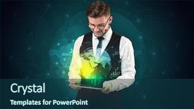  Presentation with hologram - Slide set having mobile synchrinization - spectacled businessman with global hologram background and a ocean colored foreground