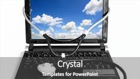  Presentation with healthcare technology - Amazing PPT theme having mobile technology healthcare - computer and phonendoscope isolated clouds backdrop and a dark gray colored foreground