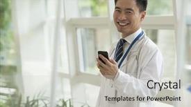  Presentation with mobile technology - Audience pleasing PPT layouts consisting of mobile technology healthcare - smiling doctor using his phone backdrop and a light gray colored foreground