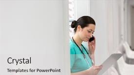  Presentation with nurse - Presentation theme enhanced with mobile technology nurses - nurse talking on smartphone while background and a  colored foreground