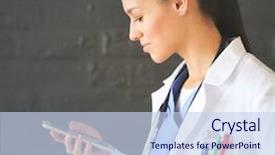  Presentation with phone - PPT theme having mobile technology nurses - young woman doctor sitting background and a sky blue colored foreground