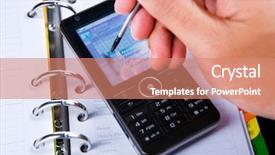  Presentation with touch screen virtual reality - PPT layouts enhanced with mobile telecommunications - hand using stylus on touch background and a  colored foreground