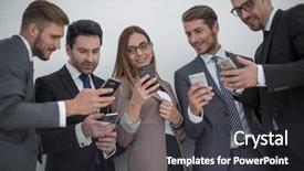  Presentation with reading - PPT theme consisting of mobile testing - group of business people reading background and a dark gray colored foreground