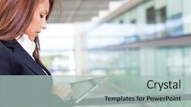  Presentation with touch screen - Beautiful PPT layouts featuring mobile touch screen - business woman working backdrop and a mint green colored foreground