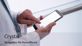  Presentation with doctor in hospital health insurance related icons healthcare person saving medical - Cool new presentation with mobile touch screen - close-up of doctor holding smartphone backdrop and a light gray colored foreground