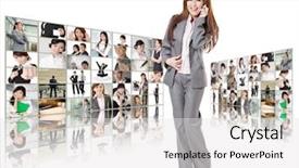  Presentation with social media - Audience pleasing slides consisting of mobile video - cheerful business woman talk backdrop and a white colored foreground