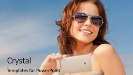  Presentation with happy smiling woman dental health - PPT layouts consisting of mobile video - picture of happy smiling woman background and a coral colored foreground