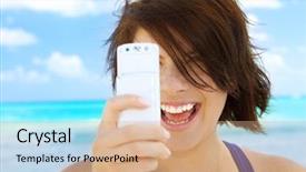  Presentation with mobile phone in woman hand - Audience pleasing presentation theme consisting of mobile video - picture of happy woman using backdrop and a coral colored foreground