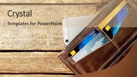  Presentation with brown leather - Audience pleasing PPT theme consisting of mobile wallet - brown leather opened purse backdrop and a coral colored foreground