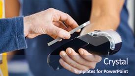  Presentation with nfc - Cool new PPT theme with mobile wallet - cropped image of man paying backdrop and a ocean colored foreground