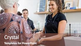  Presentation with over the counter - Slide set having mobile wallet - senior woman paying through smartphone background and a tawny brown colored foreground