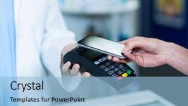  Presentation with nfc technology - Slides with mobile wallet - woman paying bill through smartphone background and a light blue colored foreground