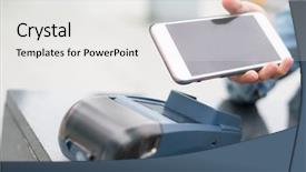  Presentation with payment - Presentation theme with mobile wallet - woman using cellphone for payment background and a white colored foreground