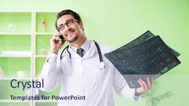  Presentation with radiologist - Beautiful PPT theme featuring mobile xray - doctor radiologist looking at x-ray backdrop and a  colored foreground