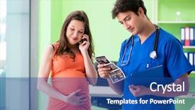  Presentation with pregnant woman in hospital - Amazing PPT theme having mobile xray - pregnant woman visiting male gynecologyst backdrop and a  colored foreground