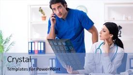  Presentation with working in a clinic - Presentation design enhanced with mobile xray - two young doctors working background and a teal colored foreground