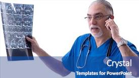  Presentation with radiologist - Amazing PPT theme having mobile xray - white bearded old doctor radiologist backdrop and a  colored foreground