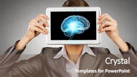  Presentation with psychology holding a brain - Beautiful PPT layouts featuring mobile xray - woman holding tablet pc backdrop and a  colored foreground