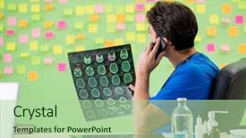  Presentation with reminders - PPT layouts enhanced with mobile xray - young doctor with many reminders background and a mint green colored foreground