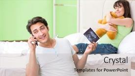  Presentation with interacial pregnant family - Beautiful presentation theme featuring mobile xray - young family finding backdrop and a mint green colored foreground