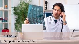  Presentation with working in a clinic - Slide set consisting of mobile xray - young handsome doctor radiologist working background and a soft green colored foreground