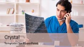  Presentation with working in a clinic - PPT theme enhanced with mobile xray - young handsome doctor radiologist working background and a  colored foreground