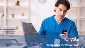  Presentation with radiologist - PPT theme featuring mobile xray - young handsome doctor radiologist working background and a ocean colored foreground
