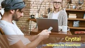  Presentation with desk - Amazing slide deck having mobilephone - casual young woman sitting backdrop and a tawny brown colored foreground