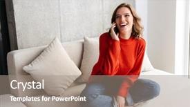  Presentation with mobile home - Colorful presentation enhanced with mobilephone - cheerful young casually dressed woman backdrop and a  colored foreground