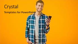  Presentation with man holding phone - Beautiful slides featuring mobilephone - cheerful young man wearing plaid backdrop and a  colored foreground