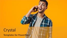  Presentation with role play woman and man - Amazing PPT theme having mobilephone - cheerful young man wearing plaid backdrop and a  colored foreground