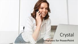  Presentation with mobile home - Colorful presentation theme enhanced with mobilephone - happy young businesswoman standing backdrop and a  colored foreground