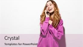  Presentation with phone - PPT layouts with mobilephone - portrait of a happy girl background and a coral colored foreground