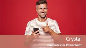  Presentation with old wite man and his music - Slides with mobilephone - portrait of a smiling man background and a coral colored foreground