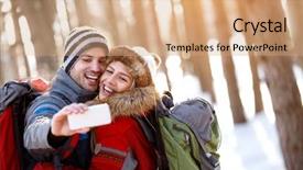  Presentation with winter driving - Presentation design enhanced with mobility orientation - cheerful hugged couple making winter background and a coral colored foreground