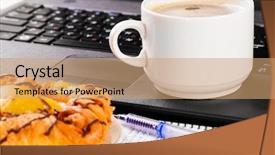  Presentation with coffee cup - Audience pleasing PPT theme consisting of mobility orientation - laptop and cup of hot backdrop and a coral colored foreground