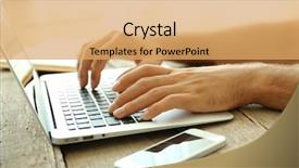  Presentation with laptop - PPT theme consisting of white man mobilphone - male's hands taping on laptop background and a  colored foreground