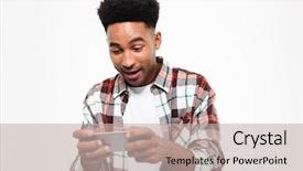  Presentation with mobile games - PPT theme having mobilphone people talking - portrait of an excited young background and a mint green colored foreground