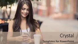  Presentation with coffee shop - Presentation theme enhanced with mobilphone people talking - young beautiful woman in coffee background and a coral colored foreground