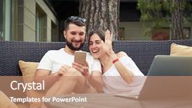  Presentation with smiling paramedic sitting in ambulance - PPT layouts with mobilphone people talking - young smiling couple are sitting background and a coral colored foreground