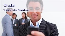  Presentation with confident - PPT theme with office mobilphone white man - confident manager sending a text background and a sky blue colored foreground