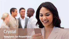  Presentation with ethnic - Presentation featuring portrait of a business woman in the tablet at the office background and a light gray colored foreground