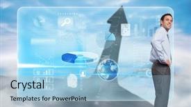  Presentation with hip - Colorful slide deck enhanced with moblie cloud computig - smiling businessman with hand backdrop and a  colored foreground