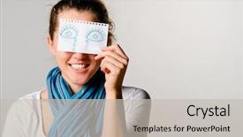  Presentation with tears - Slide set enhanced with mockery - happy woman is holding paper background and a light gray colored foreground