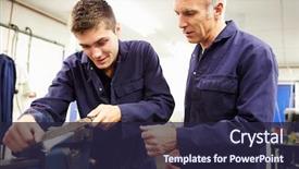  Presentation with factory - PPT layouts enhanced with operating model - engineer checking trainee's work background and a wine colored foreground